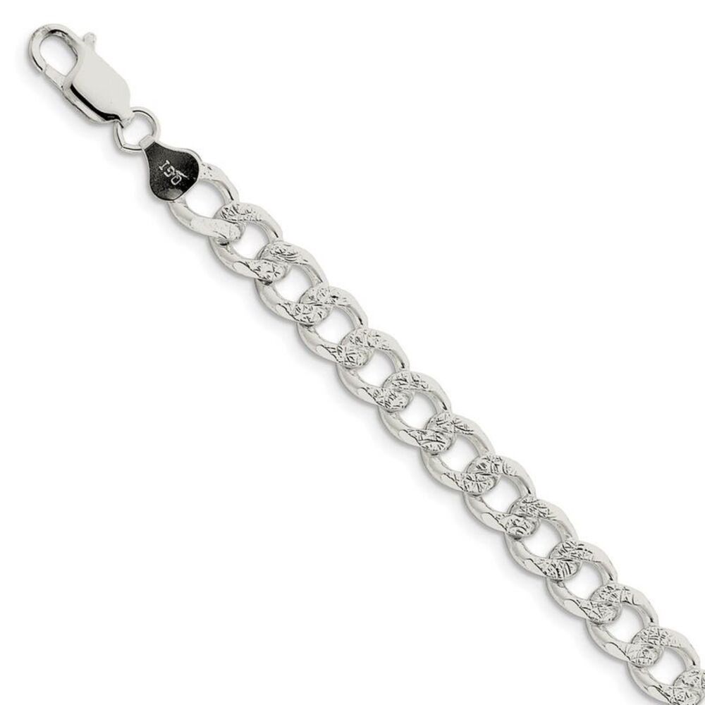 Men's 8mm, Sterling Silver Solid Pave Curb Chain Bracelet, 8 Inch - Picture 1 of 6